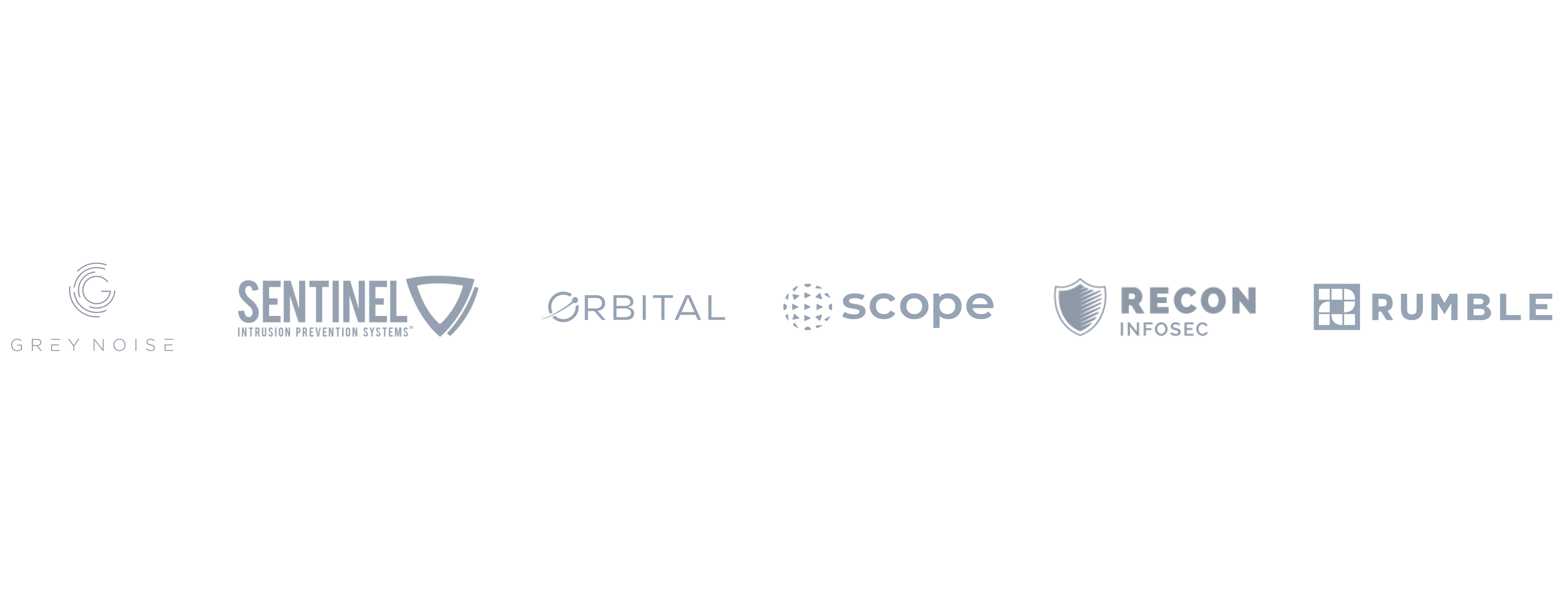 A list of client logos featuring; Greynoise, Sentinel, Orbital, Scope Security, Recon Infosec, and Rumble.